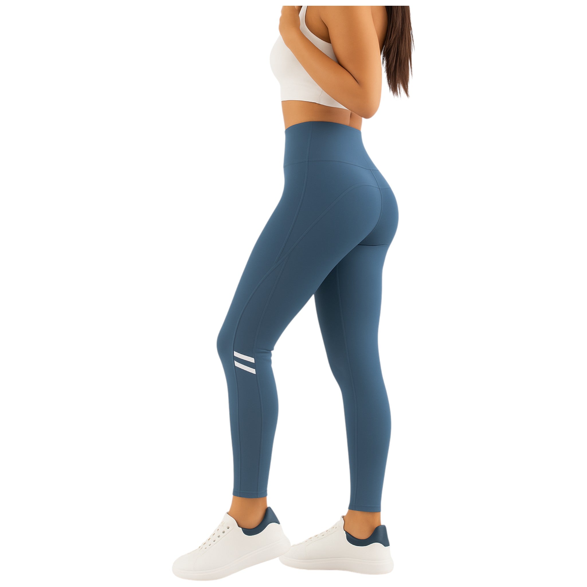 Women's air force blue comfort fit leggings with sheer mesh side panels and white stripe detail